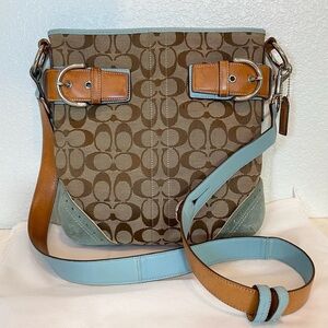 Coach Vintage Signature Canvas and Suede Leather Duffle Crossbody Bag in Aqua